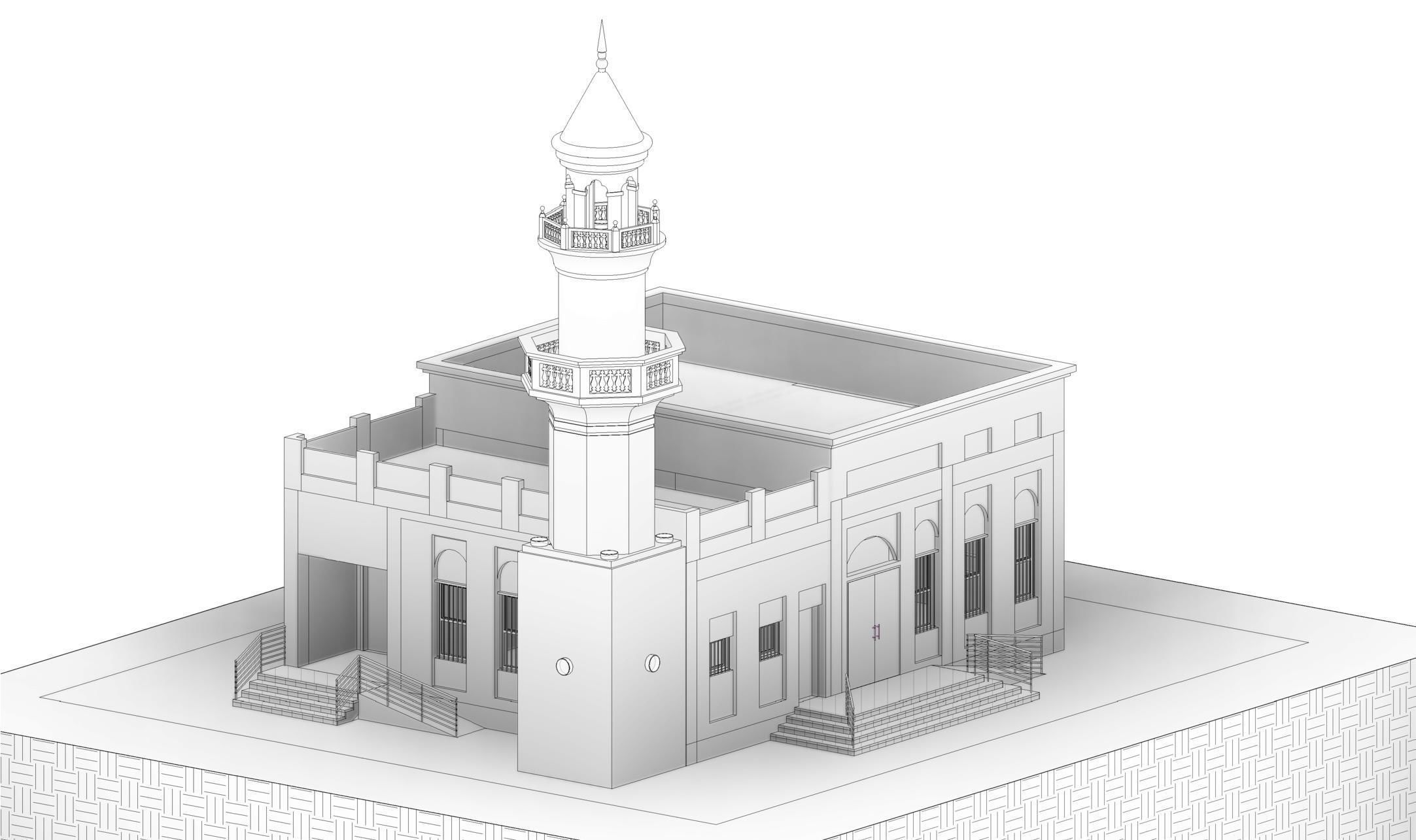 Mosque Masjid with concrete Minaret in Revit 3D model_23