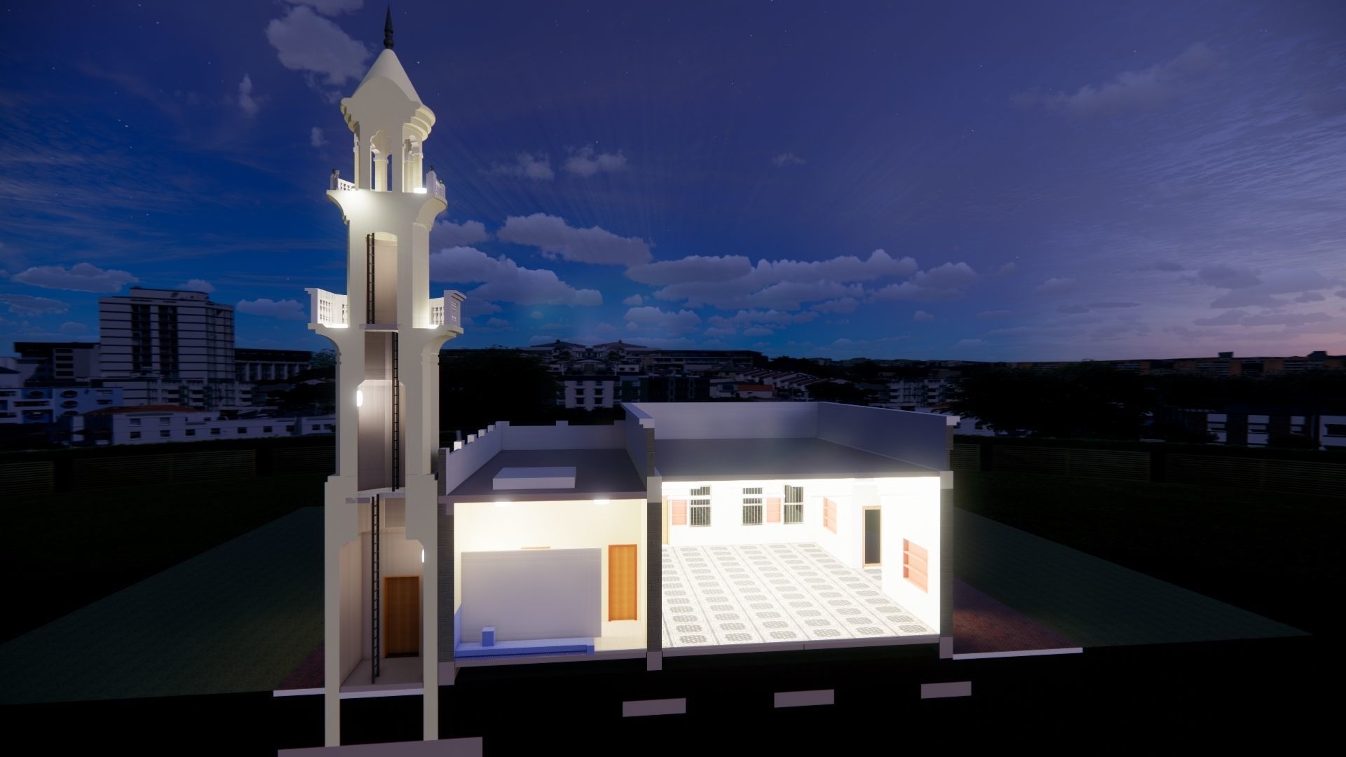 Mosque Masjid with concrete Minaret in Revit 3D model_20