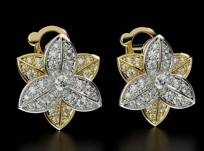 Stylish flower earrings with diamonds in gold 684 3D print model