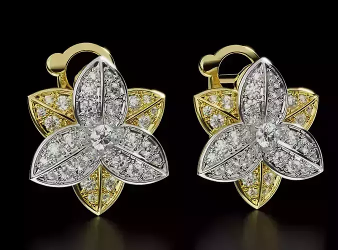 Stylish flower earrings with diamonds in gold 684