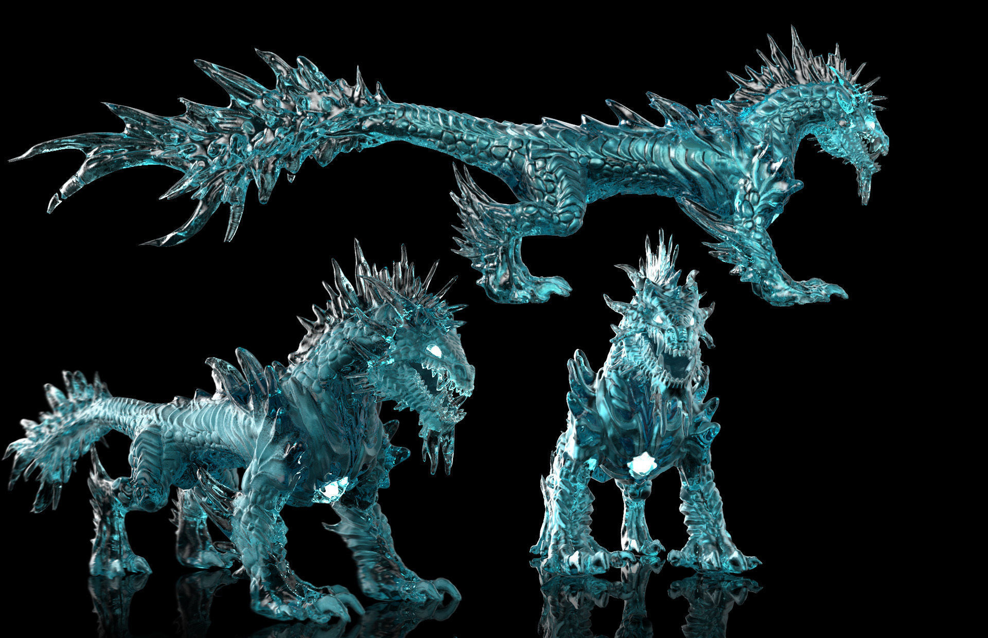 Ice dragon creature Deep dark blue 29k poly game ready Low-poly 3D model_4
