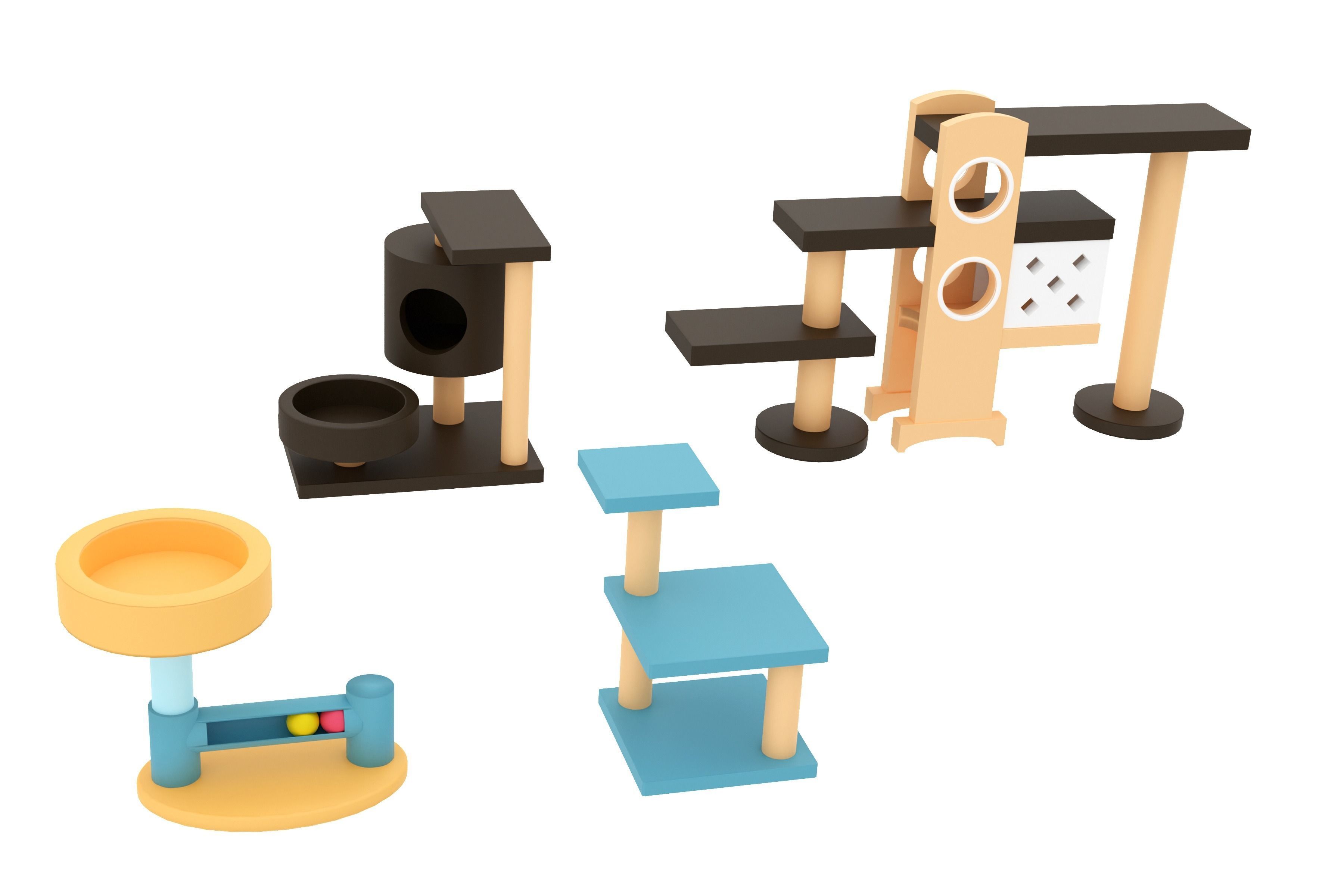Set of Cat Furniture Tree House Cat Playhouse Condo Cat toy 3D print model_1