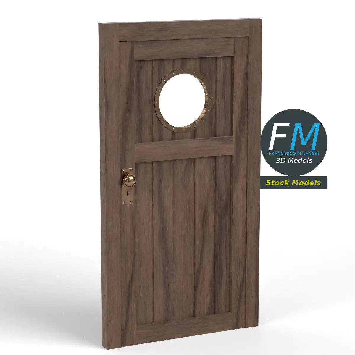 Wooden door with a porthole window 3D model_0