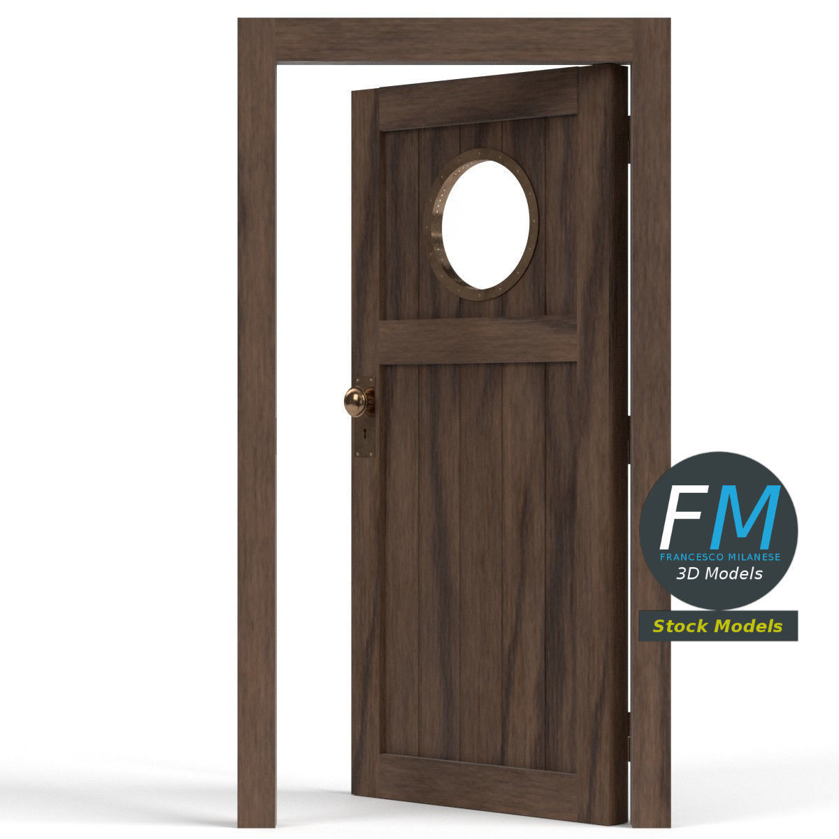 Wooden door with a porthole window 3D model_3