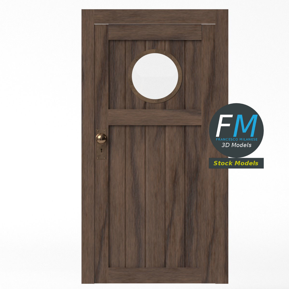 Wooden door with a porthole window 3D model_5
