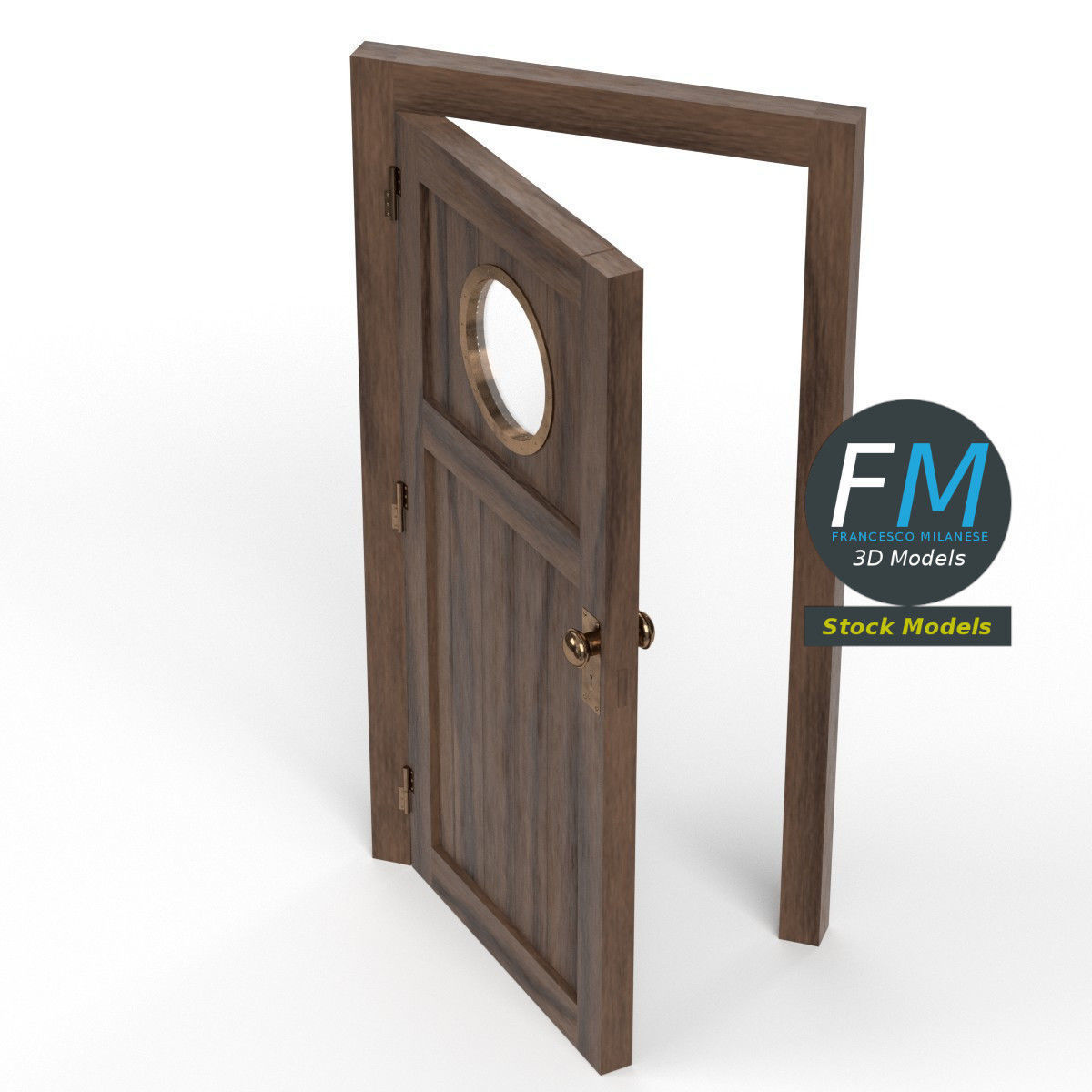 Wooden door with a porthole window 3D model_2