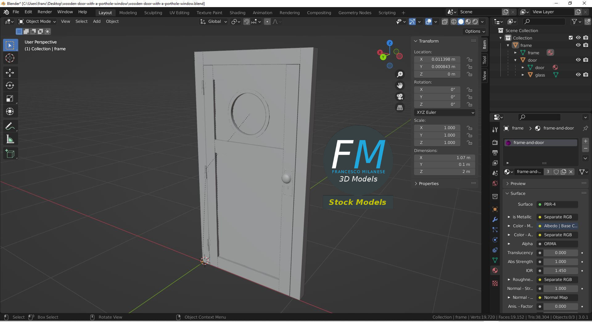 Wooden door with a porthole window 3D model_9