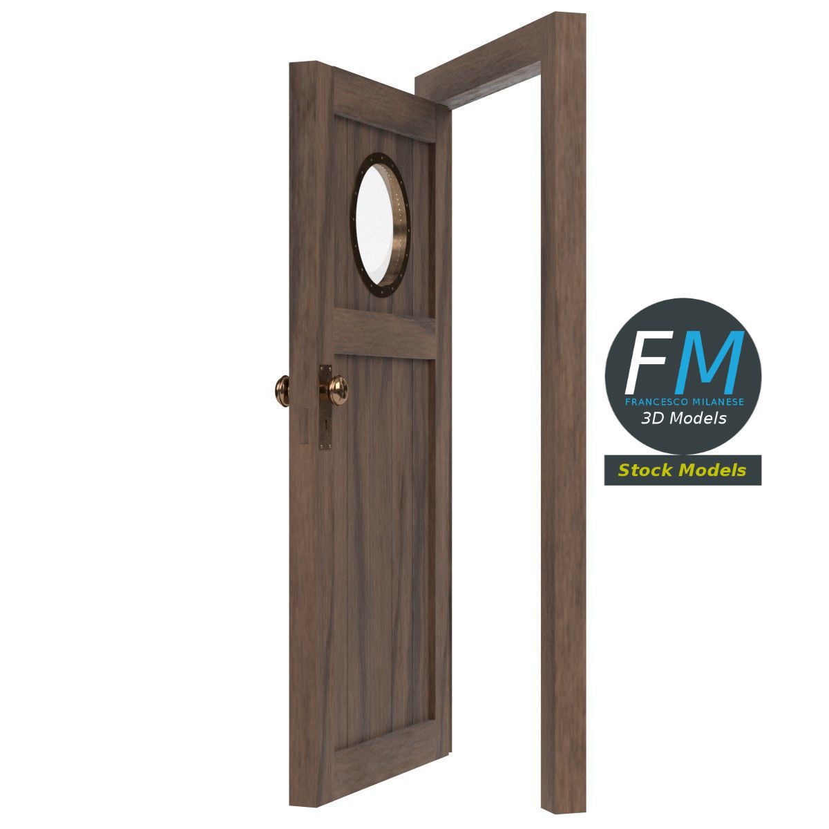 Wooden door with a porthole window 3D model_4