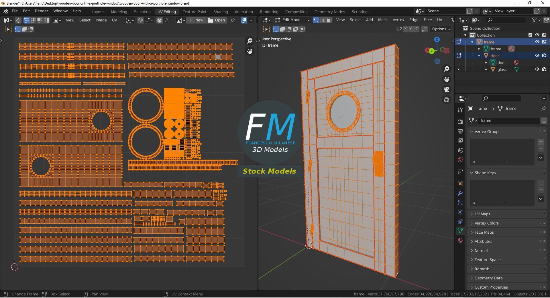 Wooden door with a porthole window 3D model_10