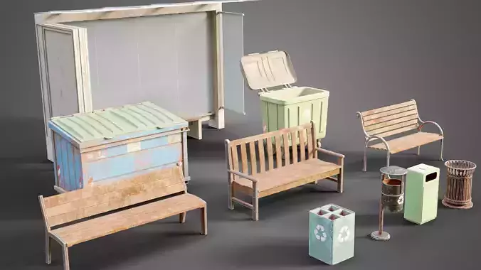 Street prop collection Low-poly 3D model