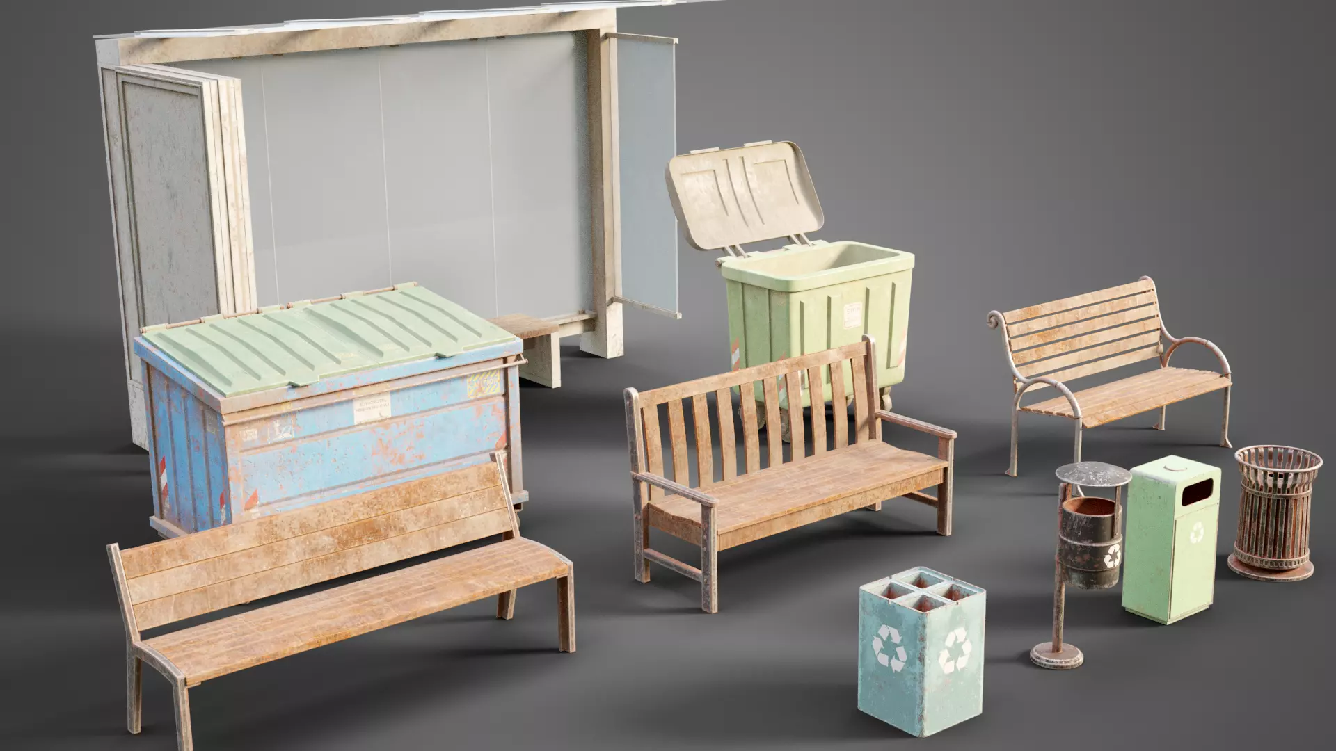 Street prop collection Low-poly 3D model_0