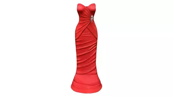 Red Satin Strapless Mermaid Gown With Brooch
