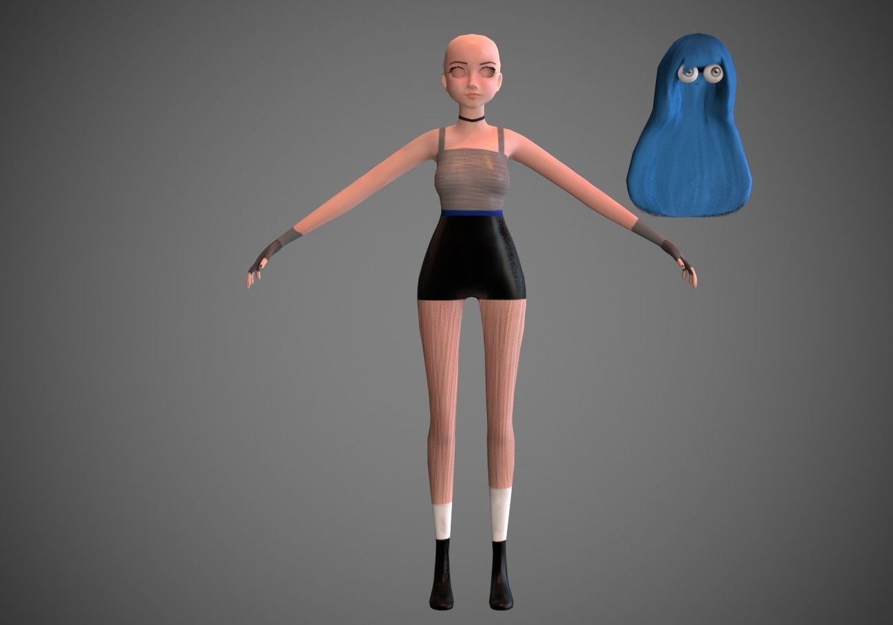 female girl for games blue hair rigged Low-poly 3D model_10