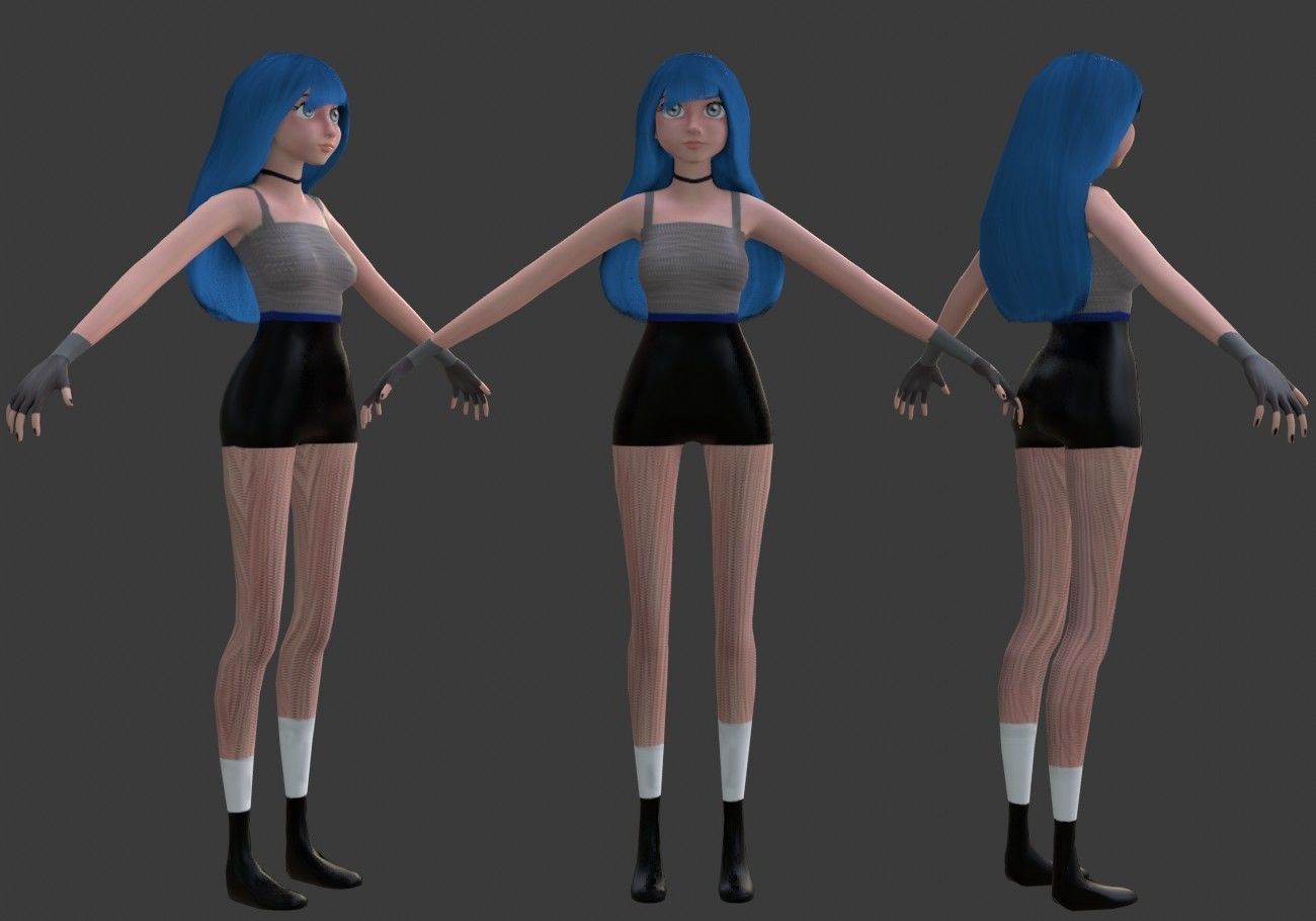 female girl for games blue hair rigged Low-poly 3D model_12