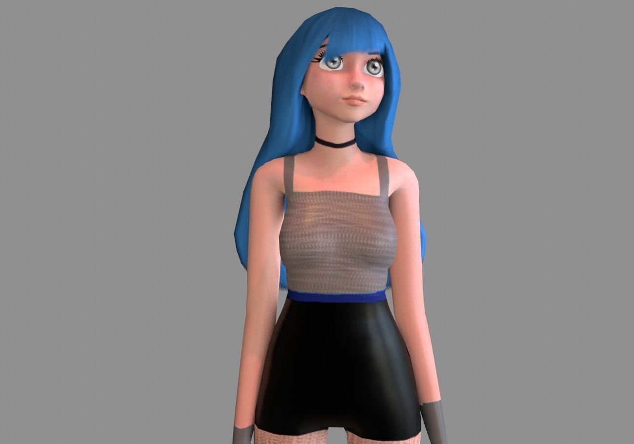 female girl for games blue hair rigged Low-poly 3D model_4