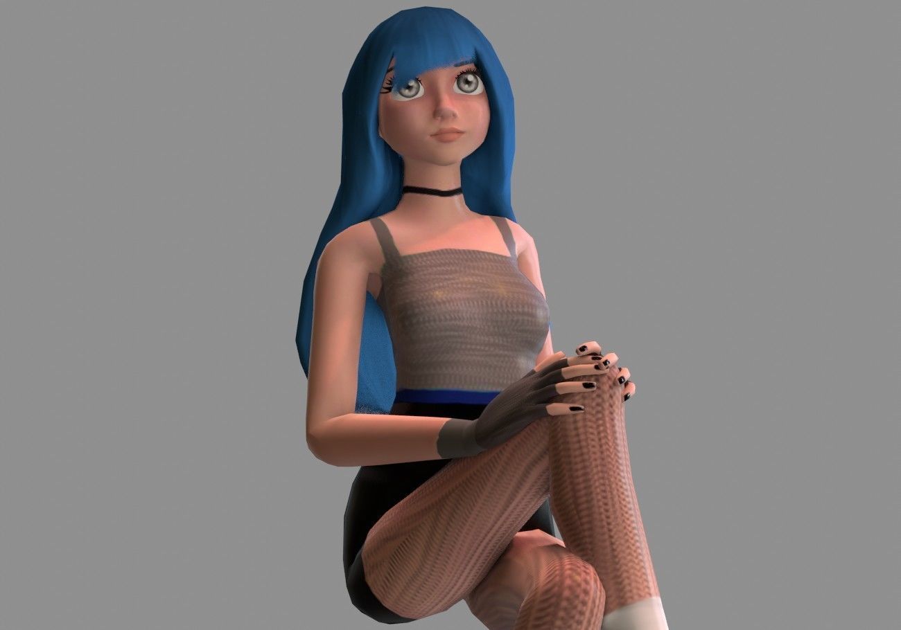 female girl for games blue hair rigged Low-poly 3D model_2