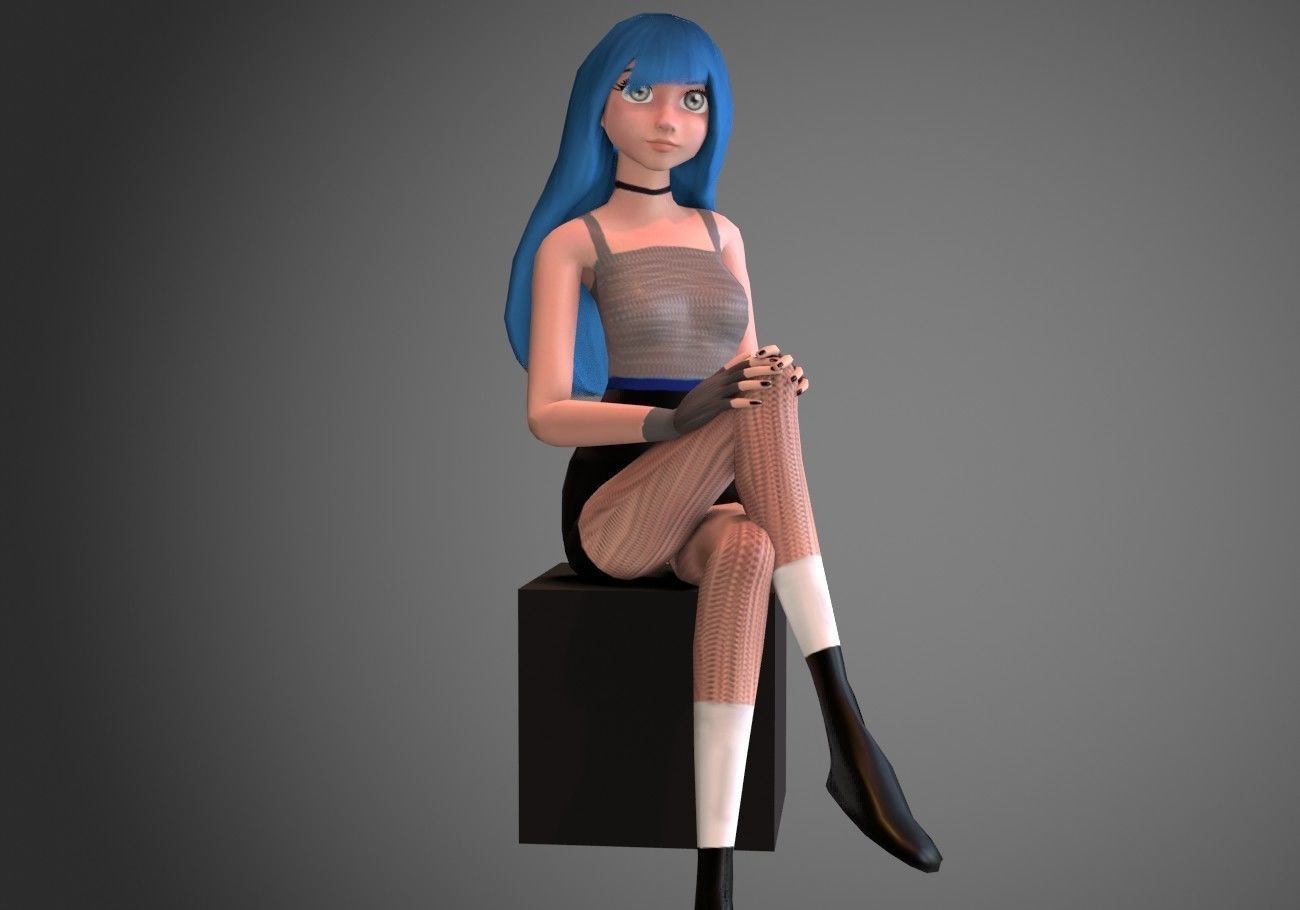 female girl for games blue hair rigged Low-poly 3D model_1