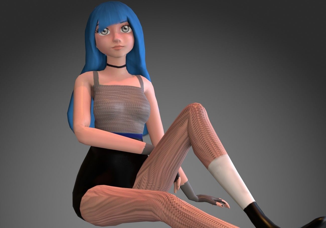 female girl for games blue hair rigged Low-poly 3D model_6