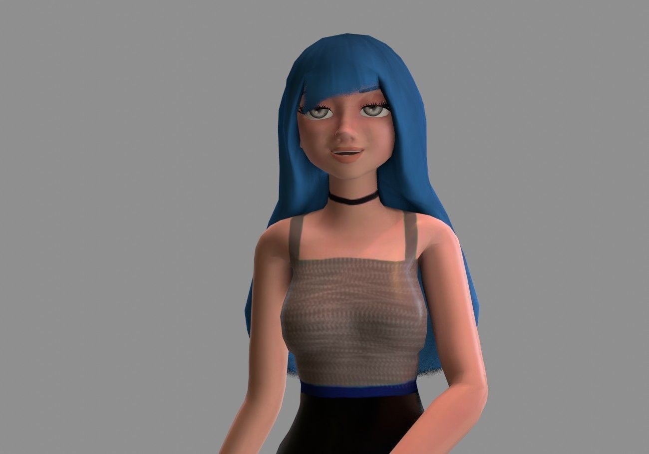female girl for games blue hair rigged Low-poly 3D model_8