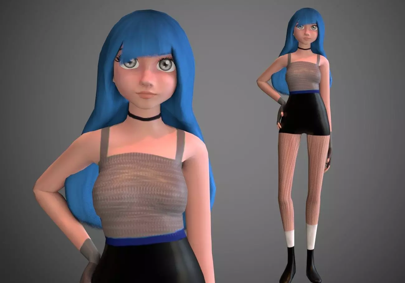 female girl for games blue hair rigged Low-poly 3D model_0