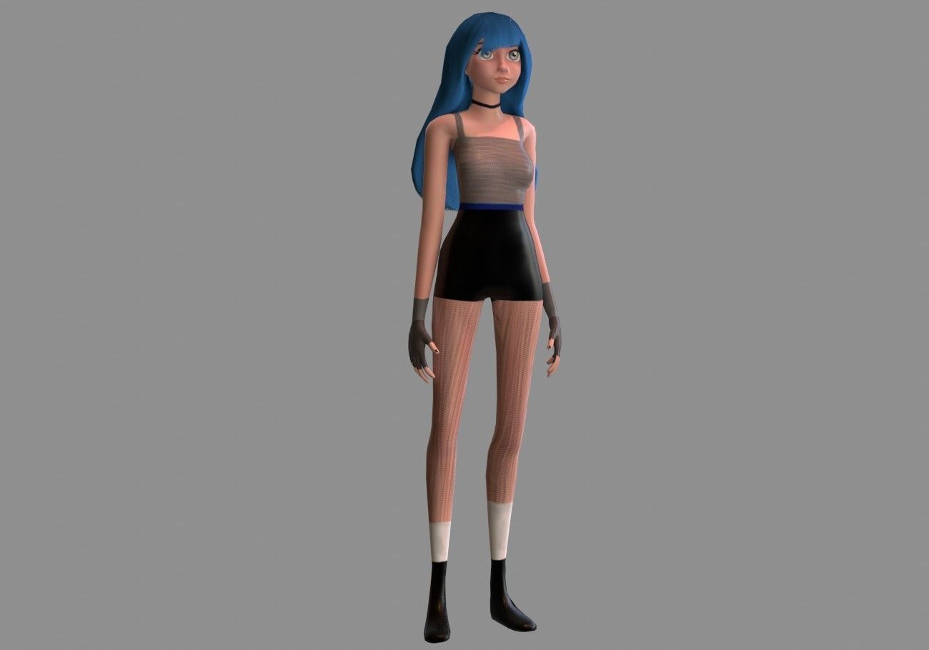female girl for games blue hair rigged Low-poly 3D model_5