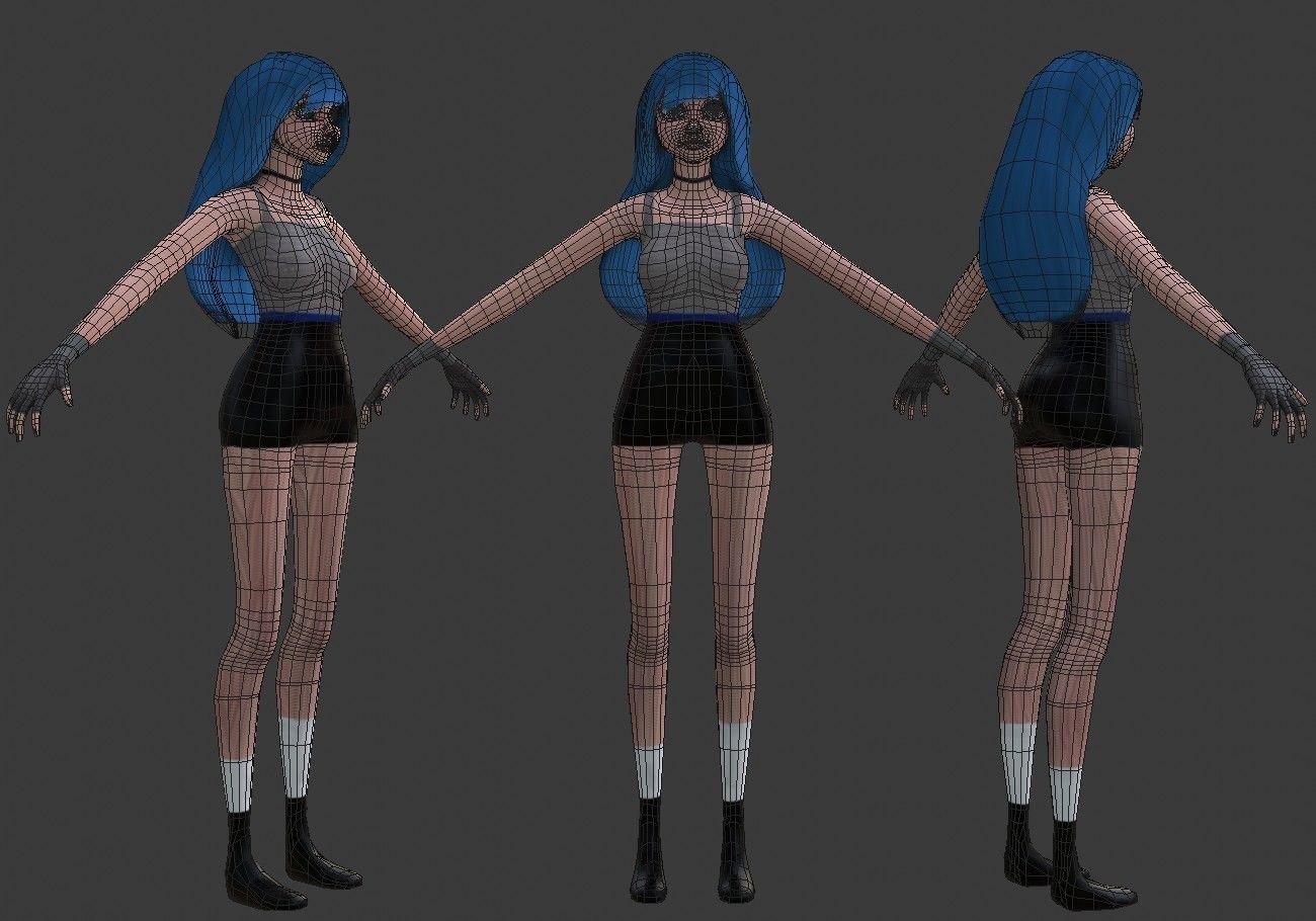 female girl for games blue hair rigged Low-poly 3D model_13