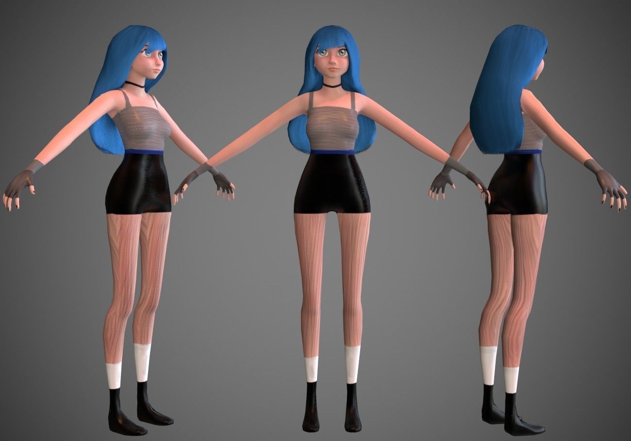 female girl for games blue hair rigged Low-poly 3D model_11