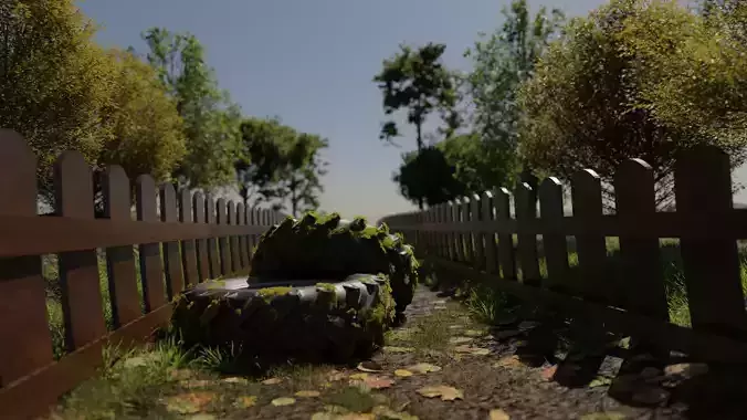Realistic landscape road scene with tires  Low-poly 3D model