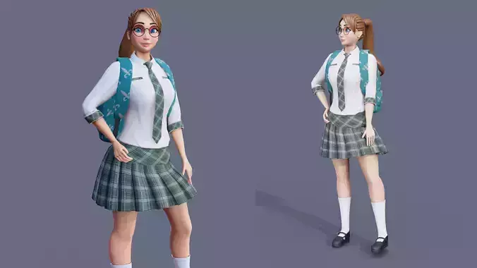 Cartoon School Girl Rigged Blender 