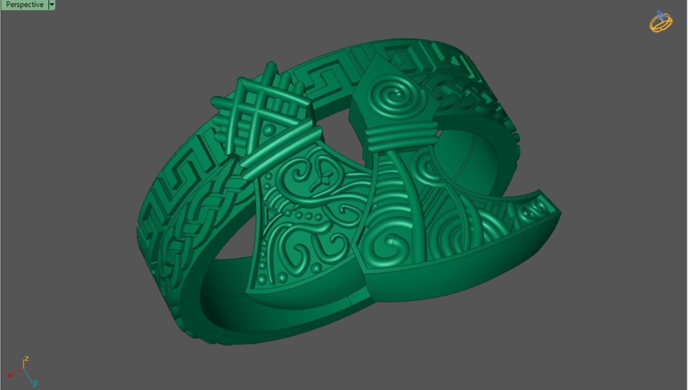 Viking ring with axes and ornaments 3D print model_11