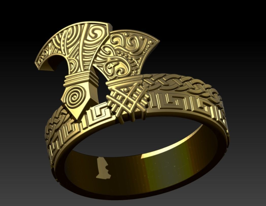 Viking ring with axes and ornaments 3D print model_8