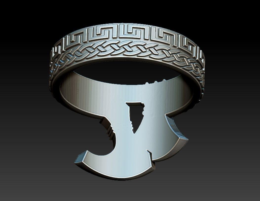 Viking ring with axes and ornaments 3D print model_7