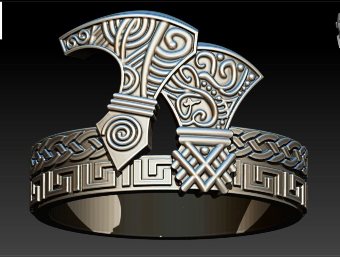 Viking ring with axes and ornaments 3D print model_10