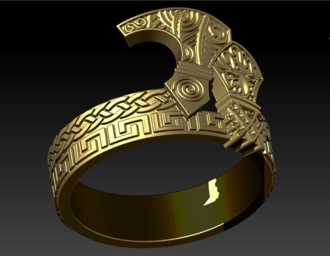 Viking ring with axes and ornaments 3D print model_6
