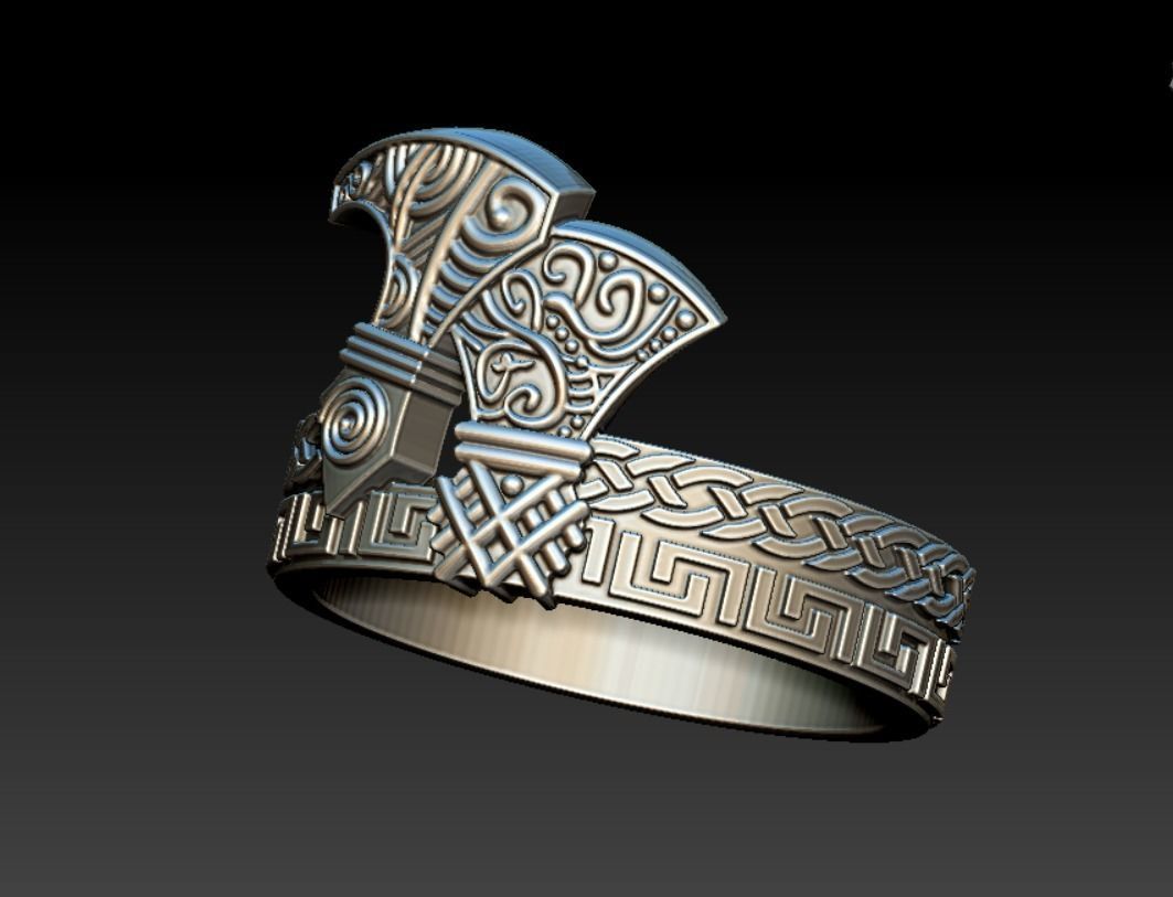 Viking ring with axes and ornaments 3D print model_5