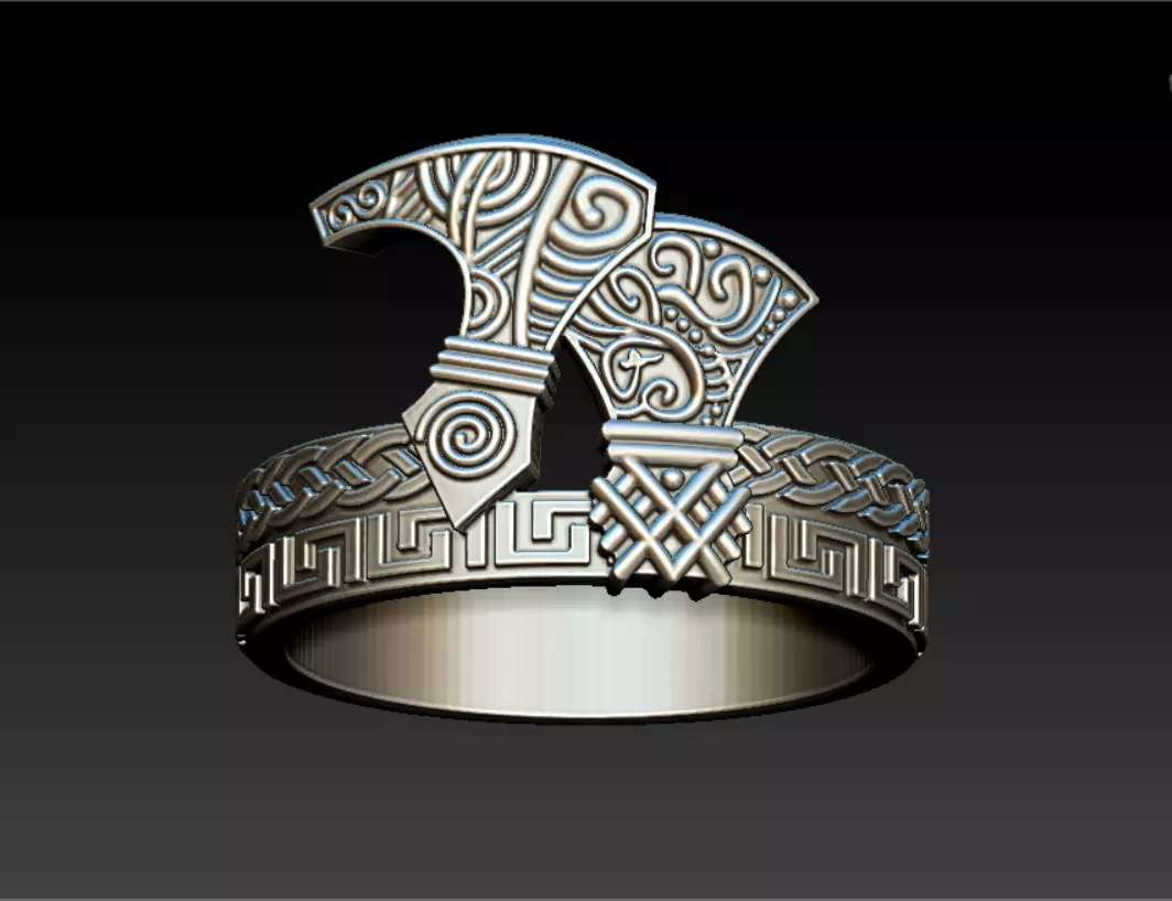 Viking ring with axes and ornaments 3D print model_0