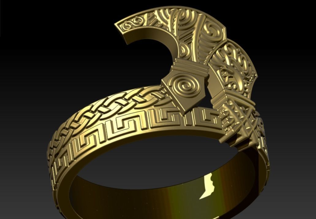 Viking ring with axes and ornaments 3D print model_1