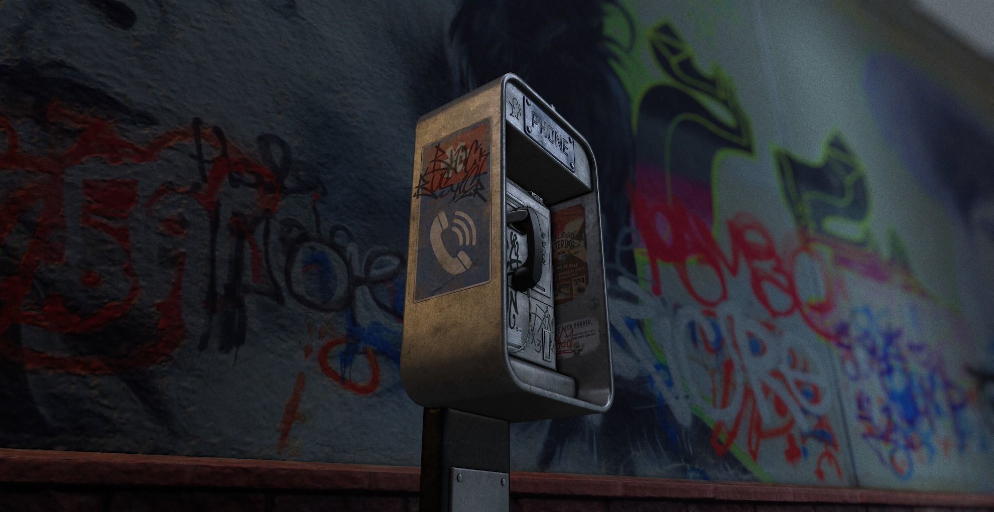 Payphone - Game Ready pay phone with graffiti on wall Low-poly 3D model_1