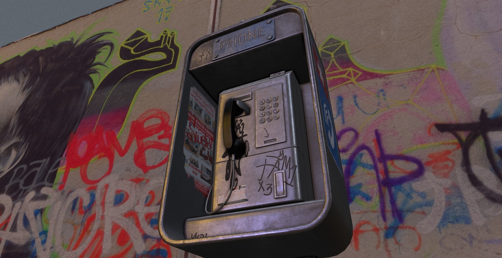Payphone - Game Ready pay phone with graffiti on wall Low-poly 3D model_2