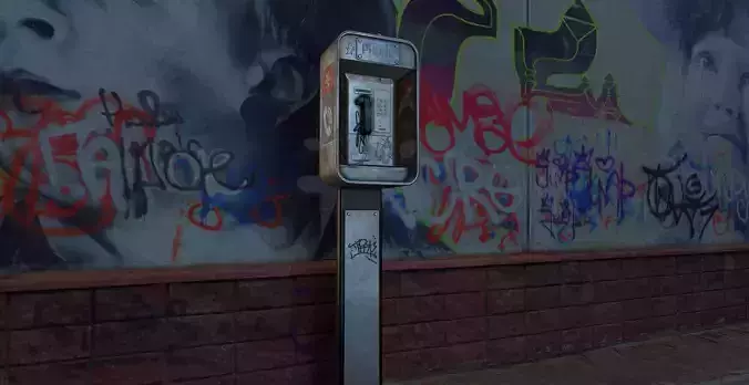 Payphone - Game Ready pay phone with graffiti on wall