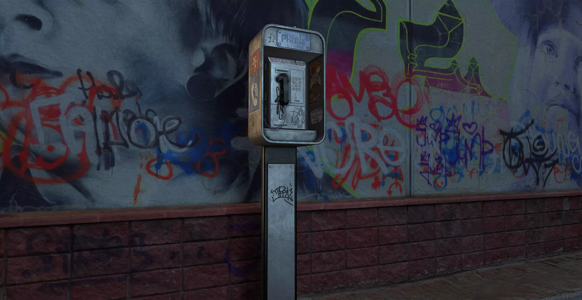 Payphone - Game Ready pay phone with graffiti on wall Low-poly 3D model_0