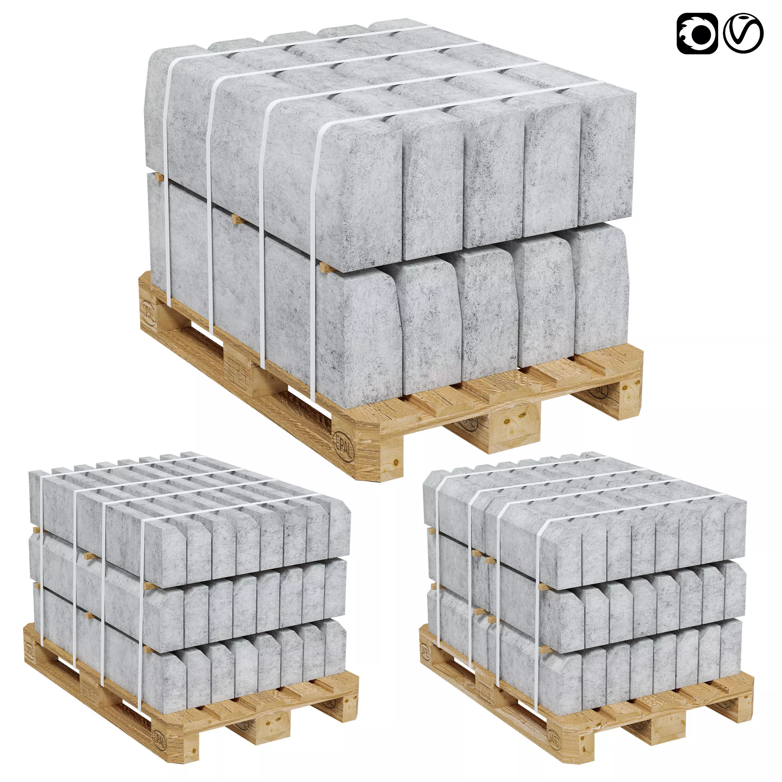 Road curbs of three types on a pallet 3D model