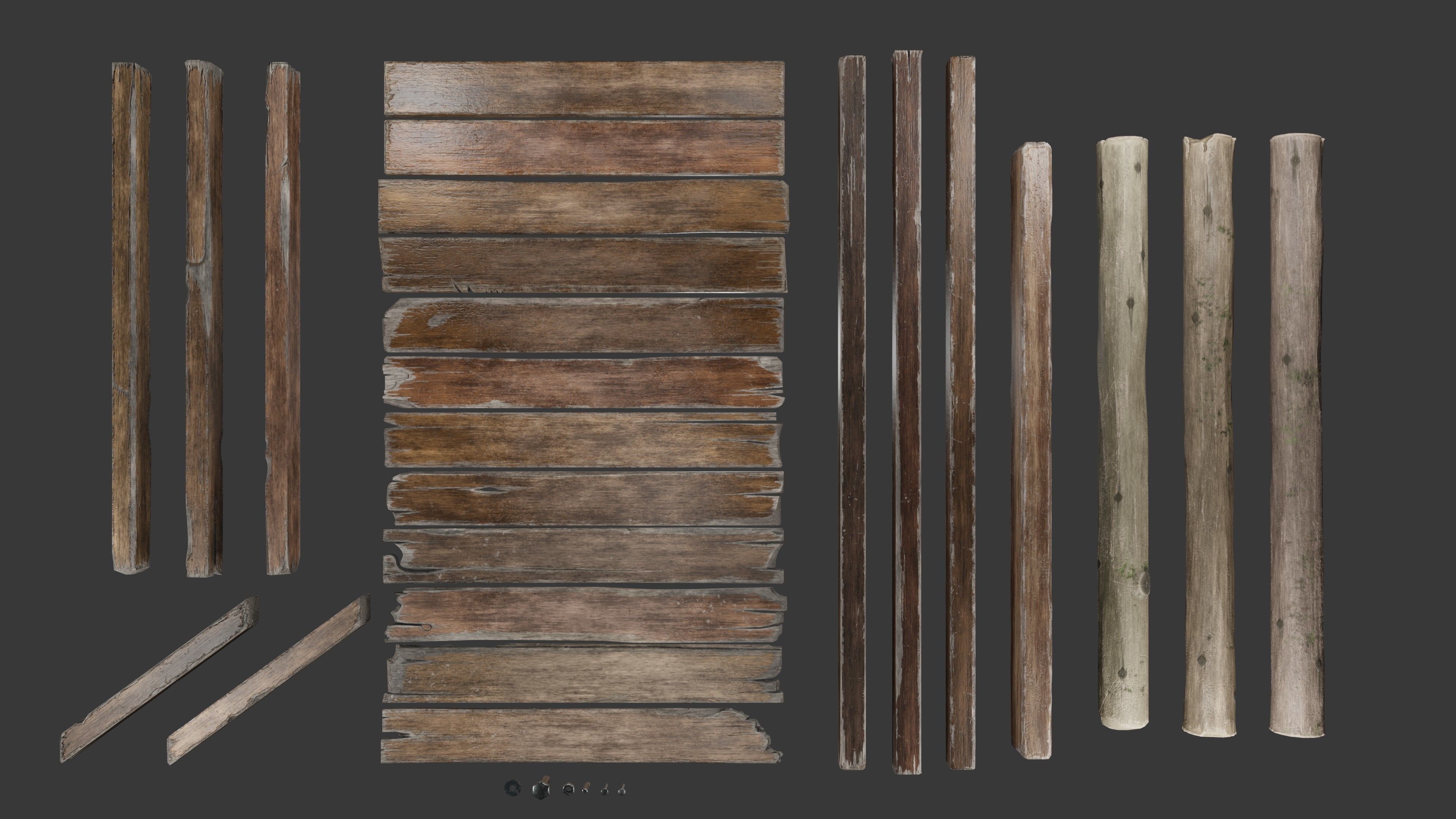 Wood planks logs and pillars with 2 ready piers Low-poly 3D model_1