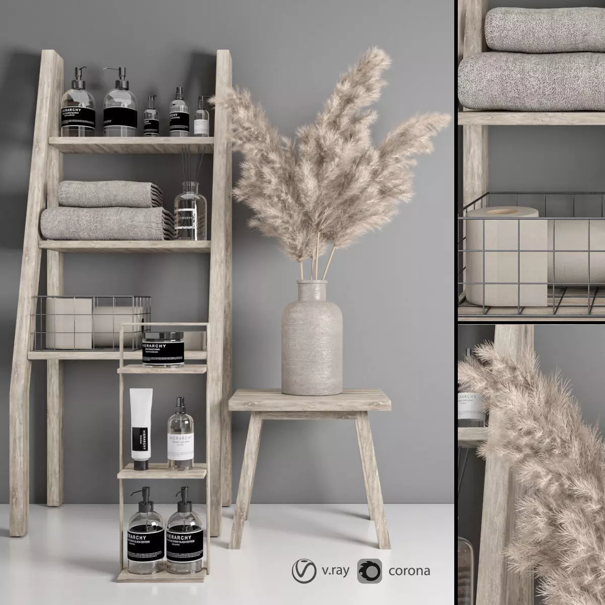 bathroom accessories set with pampas bouquet 3D model_0