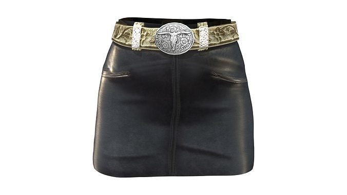 Cowgirl Western Mini Black Leather Skirt With Gold Embossed Belt Low-poly 3D model