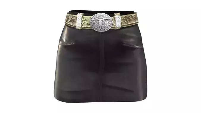 Cowgirl Western Mini Black Leather Skirt With Gold Embossed Belt