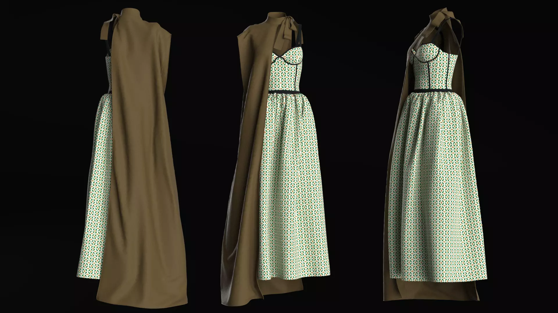 Womens green dress with brown scarf 3D model