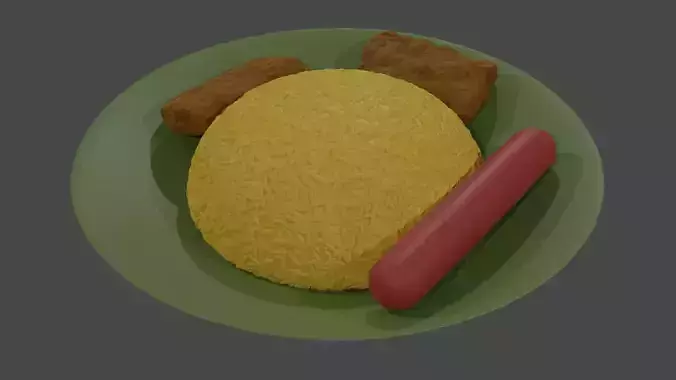 A yellow Rice with Beef Sausage and Fried Chickens