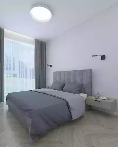 Cozy bedroom with gray bed