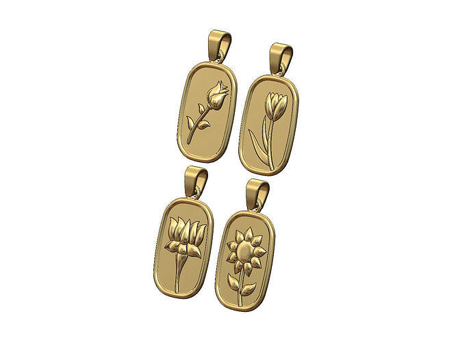 Collection of 4flower relief pendant and charm with bail 3D print model